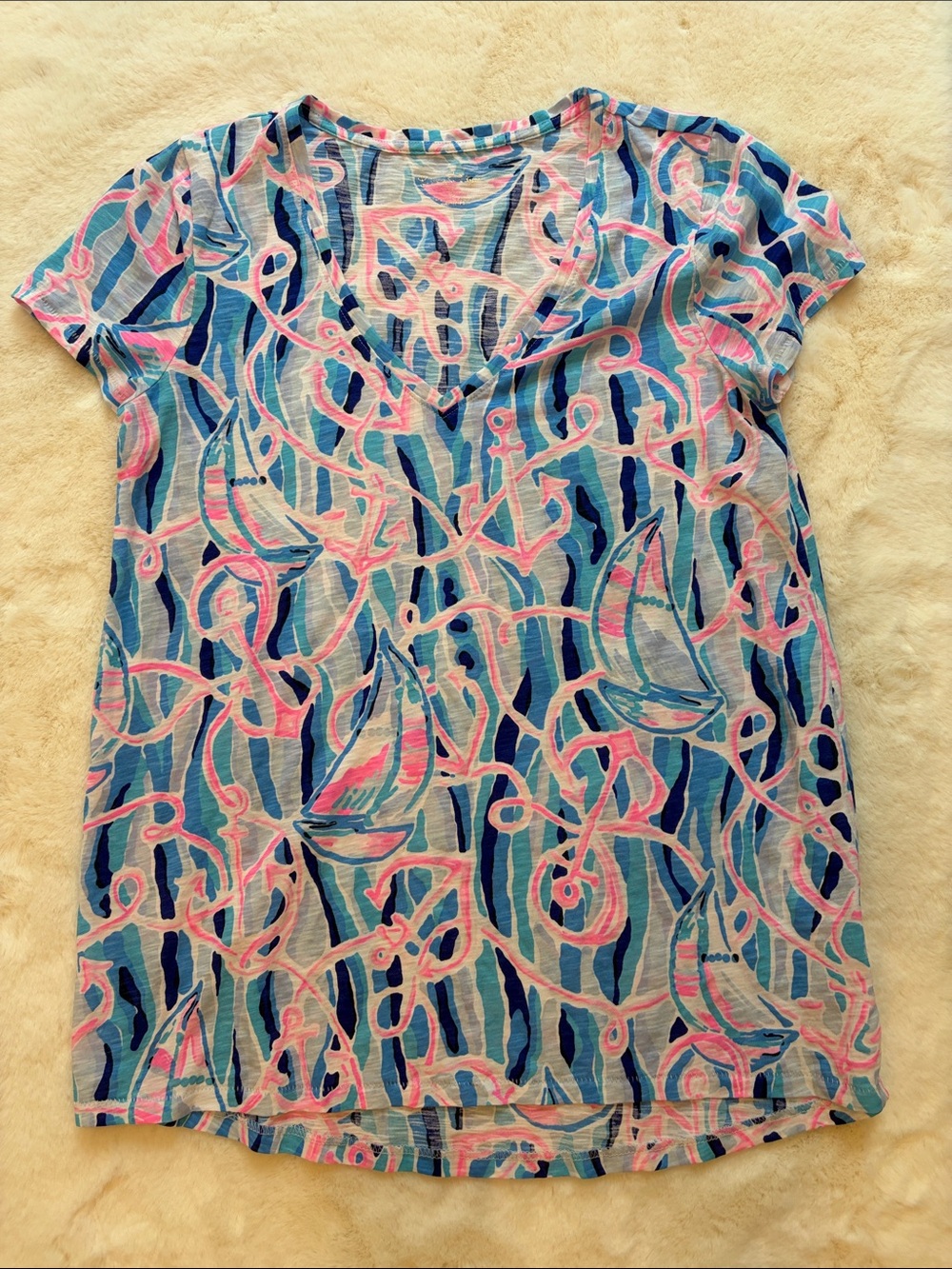 Lilly Pulitzer Blue and Pink Nautical Sailboat V-Neck Tee